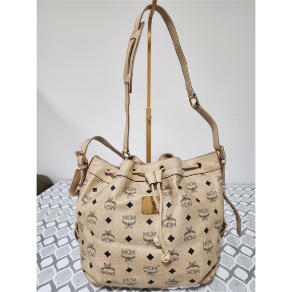 Authentic MCM Visetos Leather Drawstring Bucket Bag Beige